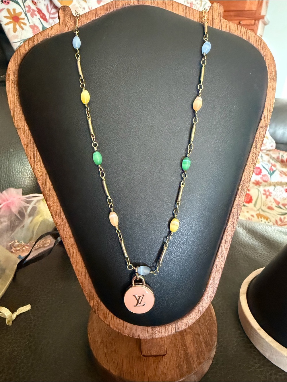 Upcycled Pink Pendant Beaded Necklace with Blue, Green and Yellow Accents